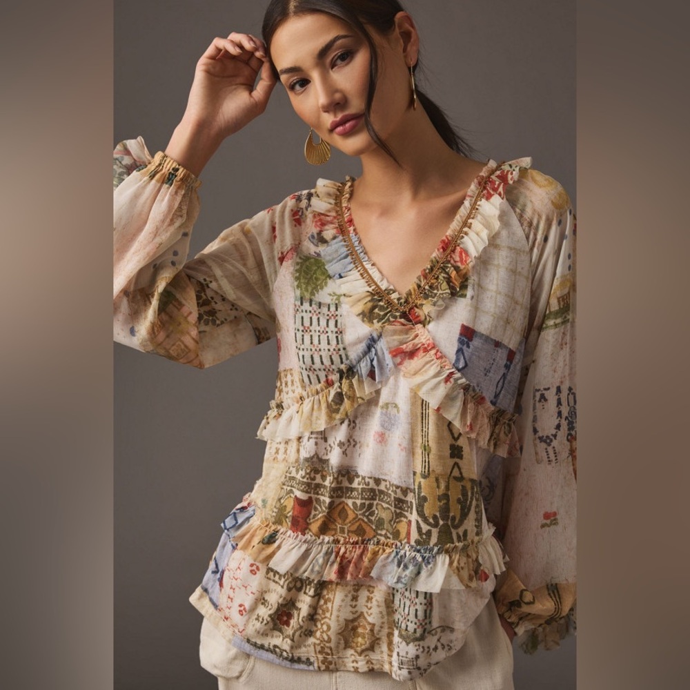 Anthropologie Tiny Bohemian Patchwork Ruffle Blouse Multi-Color Size Small